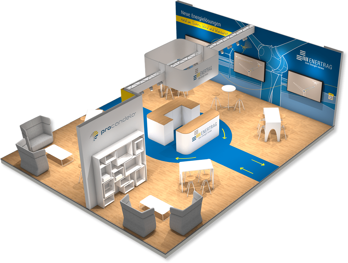 Das Bild zeigt die Illustration des durchgestalteten, möblierten Enertrag Messestands von rechts oben mit Empfangstresen, Baldachin, Beratungsinseln und Videowand.