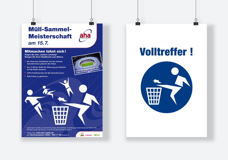 Zu sehen ist das Plakat der Müllsammelmeisterschaft aus der Volltreffer-Kampagne, bei der jeder Stadtteil in Hannover aufgerufen wird, am Aktionstag soviel Müll zu sammeln wie möglich. Und ein Plakat mit dem Kampagnenvisual.