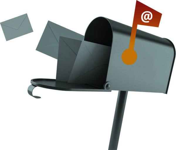 Kreative Bildmontage mit einem geöffneten, amerikanischen Briefkasten, in den Post hineinfliegt und der seitlich eine illustrierte Fahne mit E-Mailsymbol trägt.