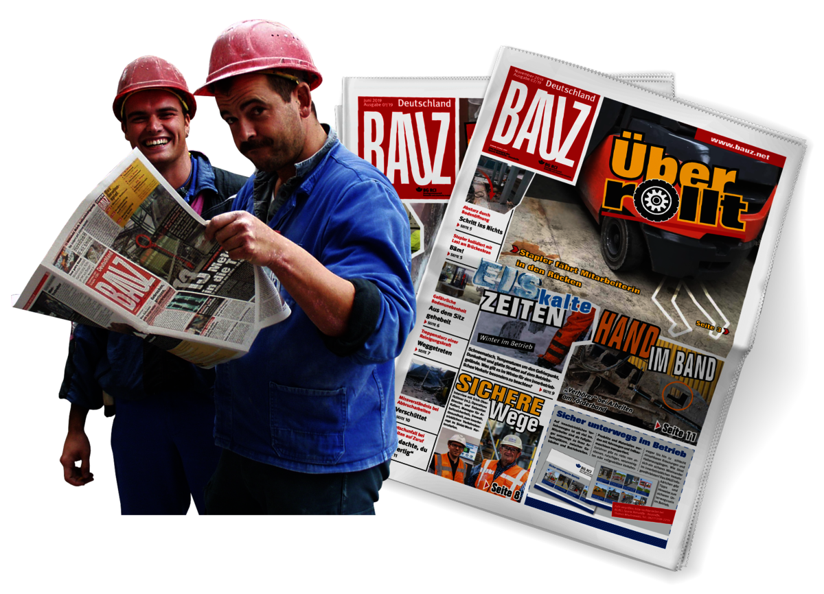 Die Bildcollage zeigt zwei fröhliche Mitarbeiter, die die BAUZ-Zeitung lesen; daneben die Titel von zwei weiteren Exemplaren.