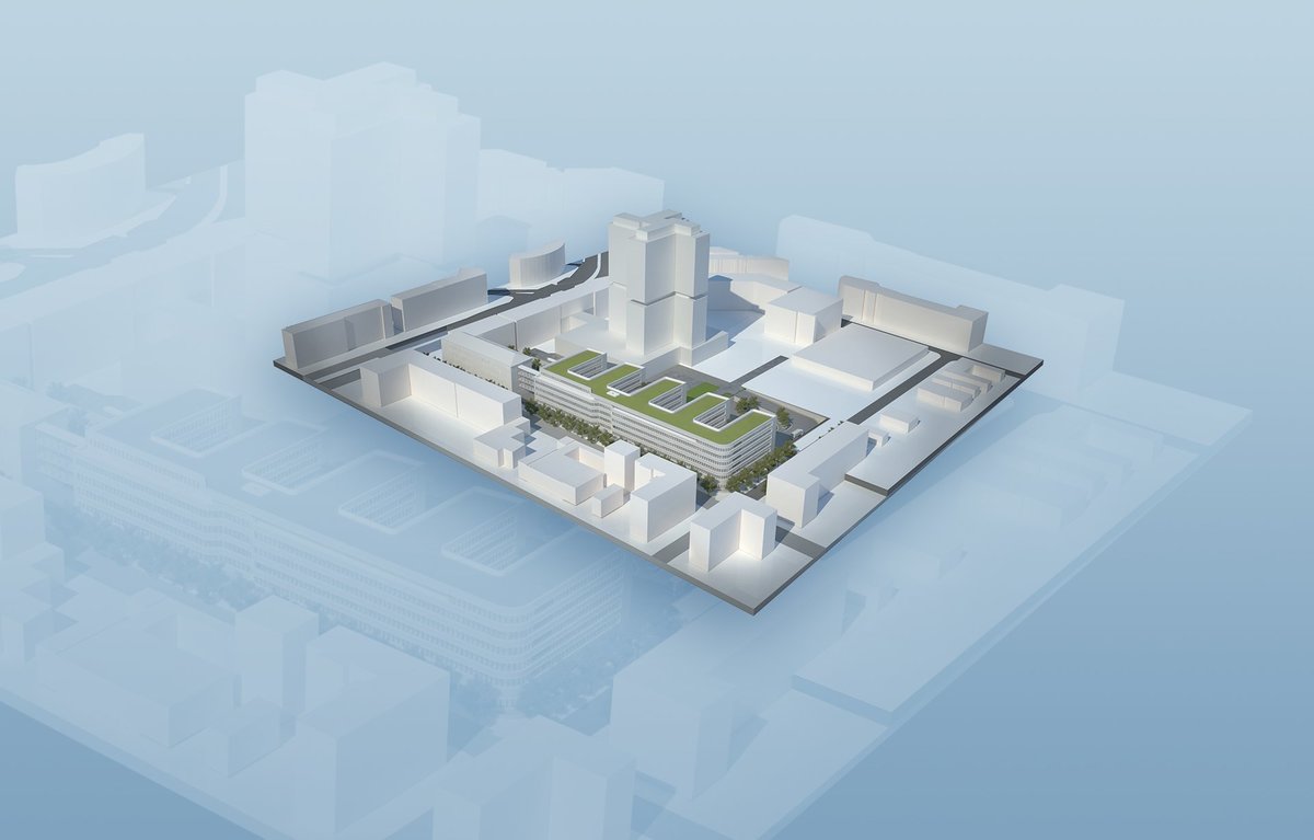 Die Abbildung zeigt das Architekturmodell der Architekten von Gerkan, Marg und Partner, welches das Campusgelände, den Neubau in der Eisenzahnstraße und den umgebauten 23-stöckigen Silbertum in Berlin vereint.
