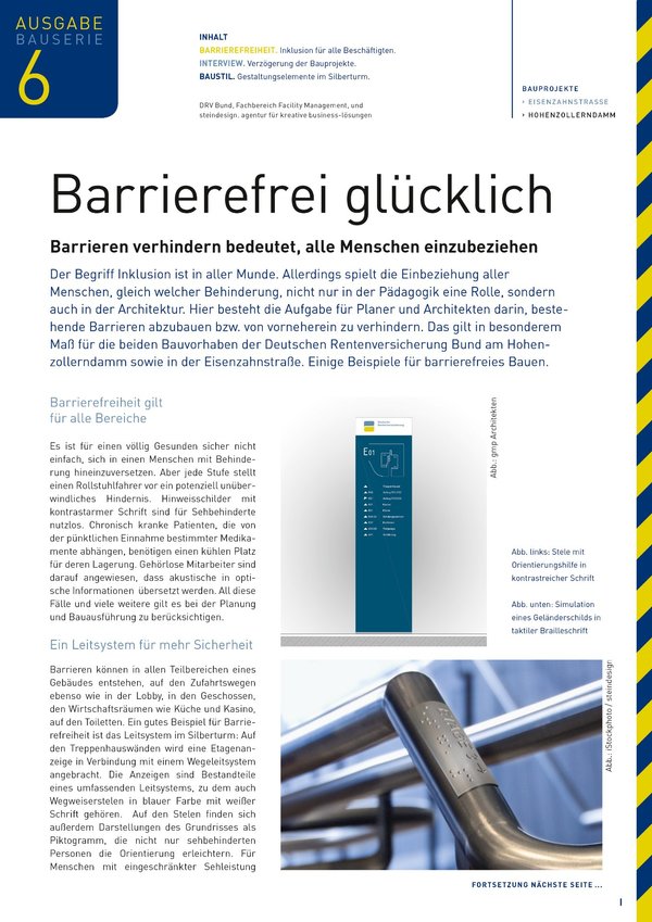 Artikel aus der Mitarbeiterzeitschrift „Bauserie“ der Deutschen Rentenversicherung Bund zum Thema „Barrierefrei neu bauen“.