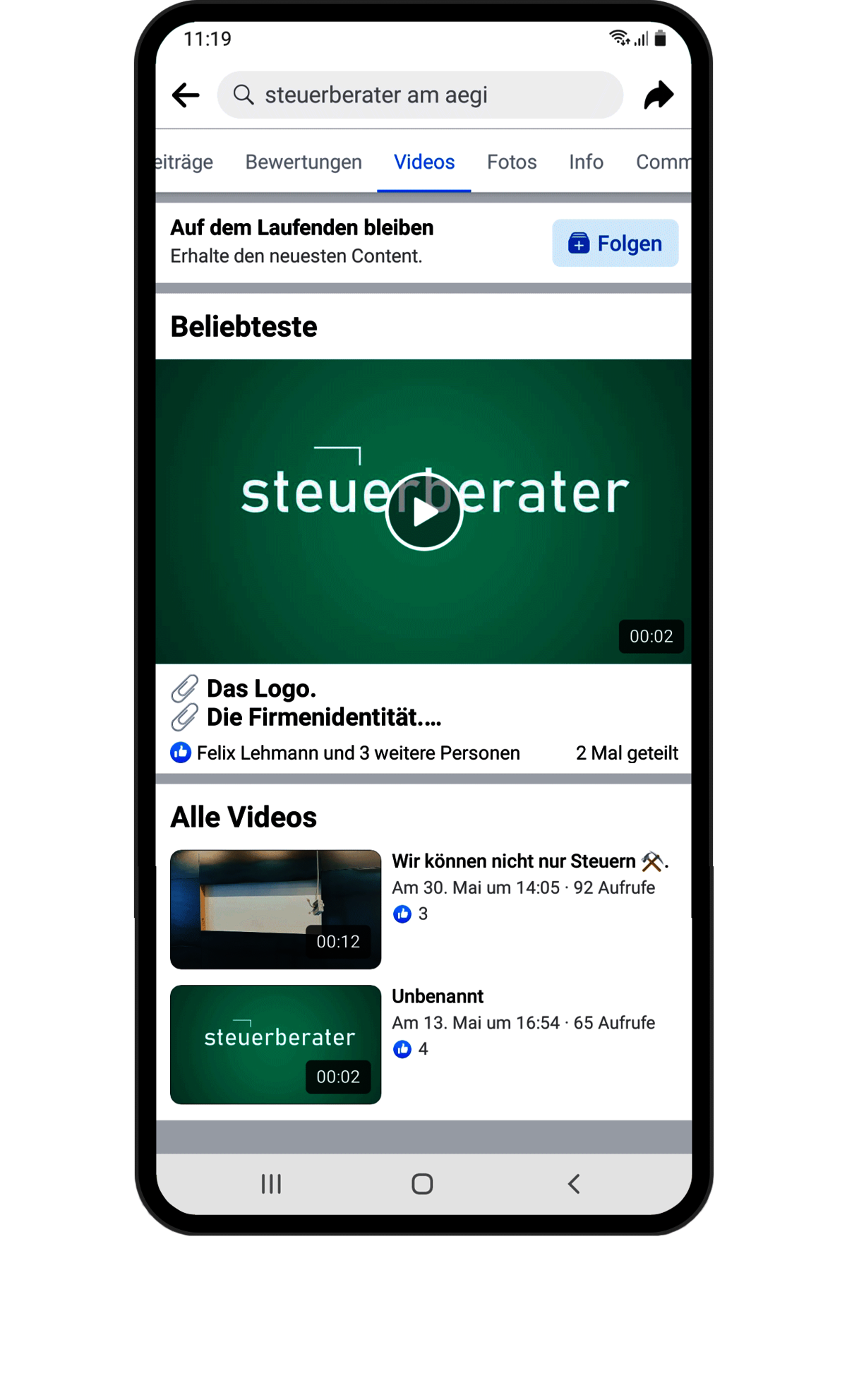 Zu sehen ist ein Smartphone mit einem Facebook-Beitrag der Steuerberater am Aegi.