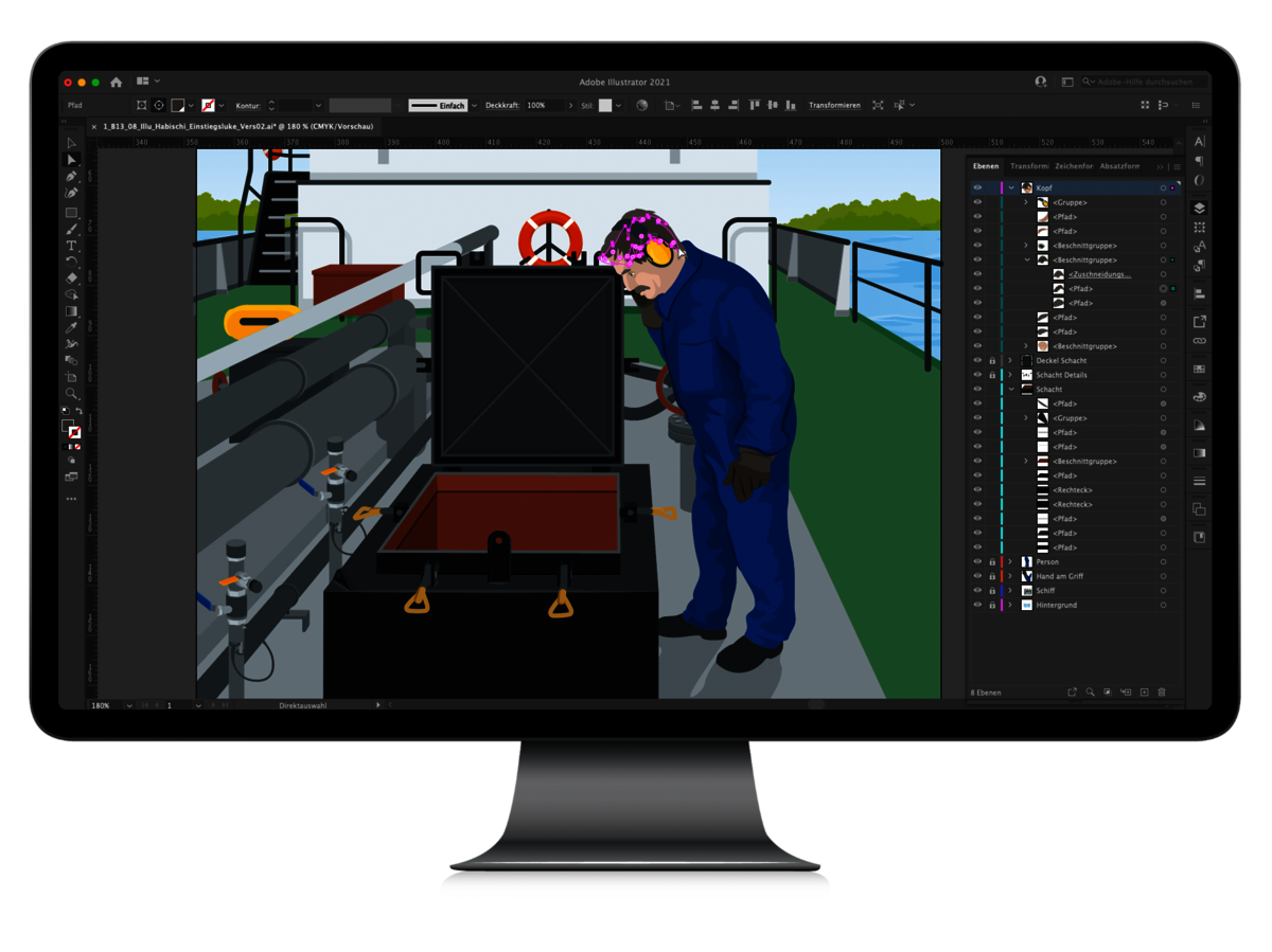 Auf dem Bildschirm eines Computers ist eine Illustration zu sehen, die gerade bearbeitet wird. Sie zeigt einen Binnenschiffer an Deck, der eine Einstiegsluke aufhält. Am Computer werden Kopf und Haare des Mannes bearbeitet.