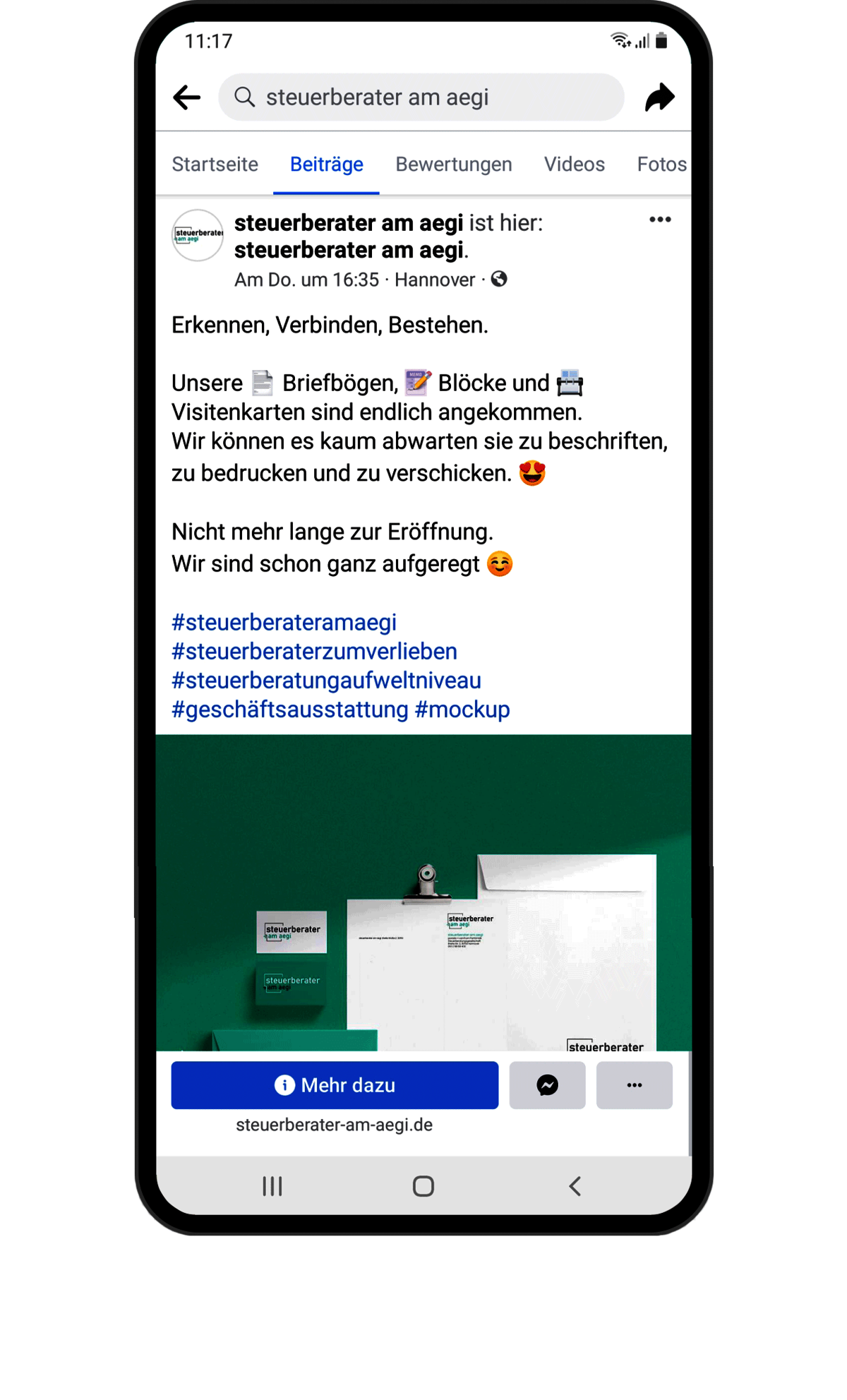 Zu sehen ist ein Smartphone mit einem Facebook-Beitrag der Steuerberater am Aegi.