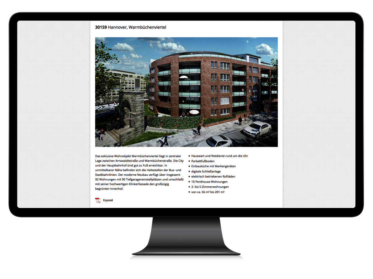 Das Bild zeigt einen Computer-Bildschirm mit dem Immobilien-Angebot Warmbüchenviertel in Hannover und dem dazugehörigen Immobilien-Exposé als pdf.