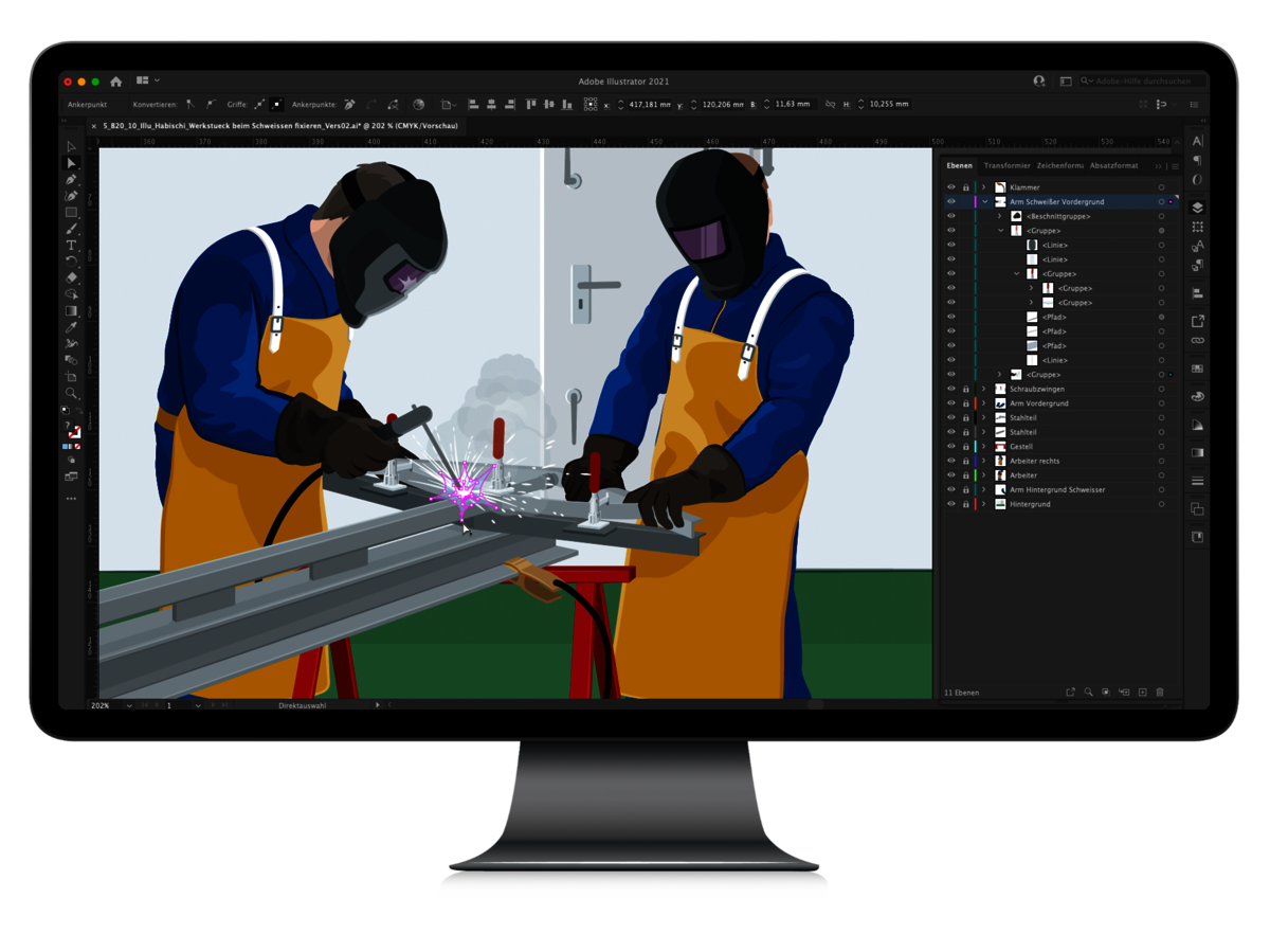 Auf dem Bildschirm eines Computers ist eine Illustration zu sehen, die gerade bearbeitet wird. Sie zeigt zwei Schweißer in Schutzkleidung, die ein großes, schweres Werkstück mit Schraubzwingen befestigt haben. Der eine schweißt, der andere hält fest. Am Computer wird die Schweißflamme bearbeitet. 
