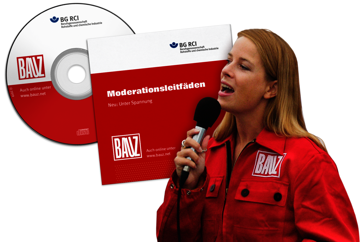 Die Bildcollage zeigt die Moderatorin verschiedener BAUZ-Auftakt-Events und hinter ihr die BAUZ-Moderationsleitfäden auf CD.