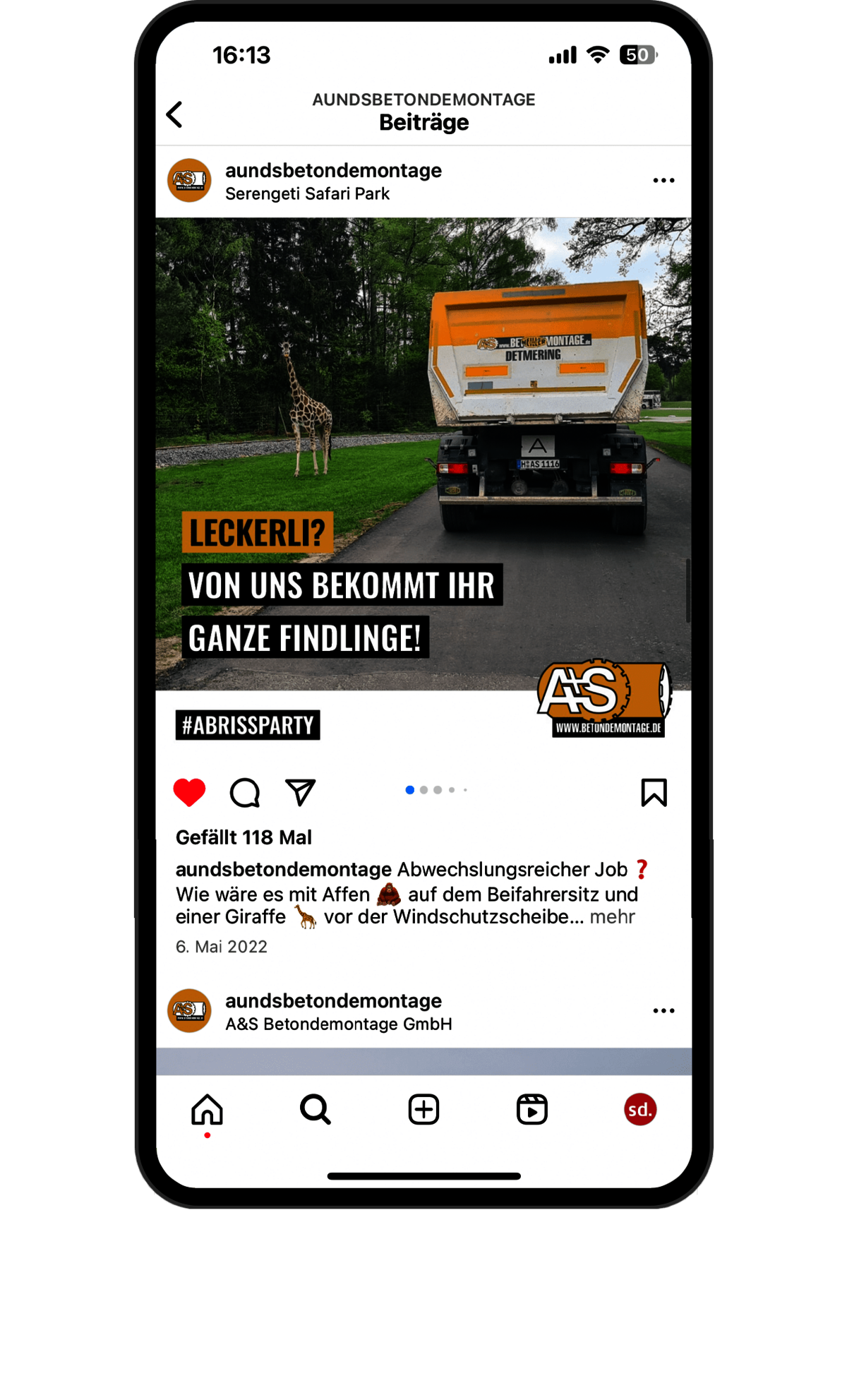 Das Bild zeigt ein Smartphone mit einem Instagram-Posting der A&S Betondemontage GmbH.