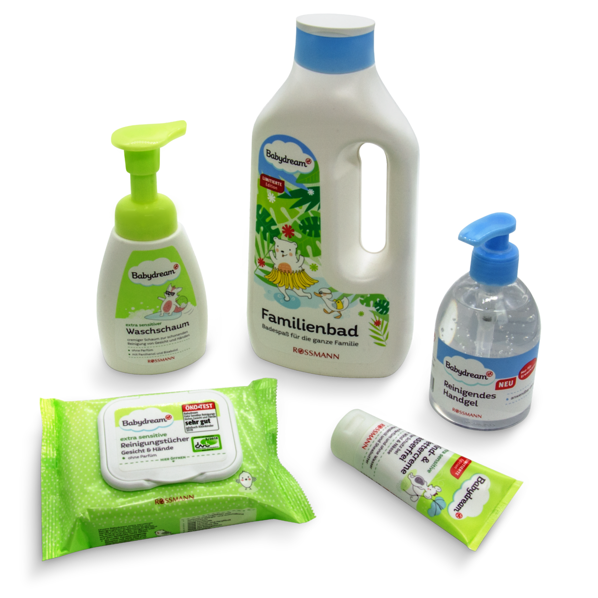 Fünf verschiedene Produktlabels und -verpackungen aus dem Bereich Hygiene der Rossmann-Eigenmarke Babydream.