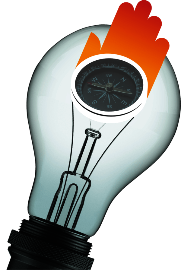 Kreative Bildmontage mit einer schräg stehenden Glühbirne, die anstelle des Glühfadens einen Kompass mit illustrierter Hand zeigt.