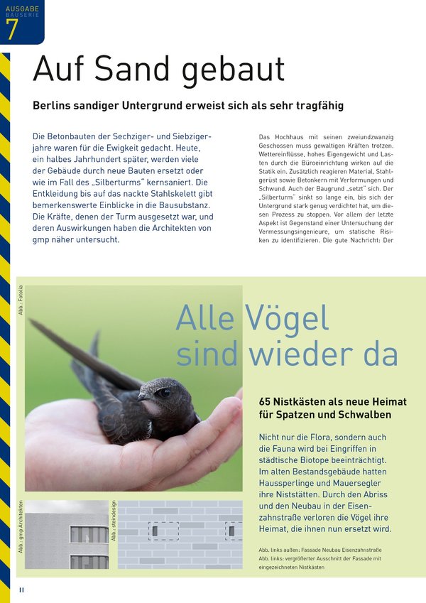 Artikel aus der Mitarbeiterzeitschrift „Bauserie“ der Deutschen Rentenversicherung Bund zum Thema „Untersuchung der Bausubstanz und des Untergrunds für das Hochhaus Silberturm“ und „Nistkästen für Vögel“.