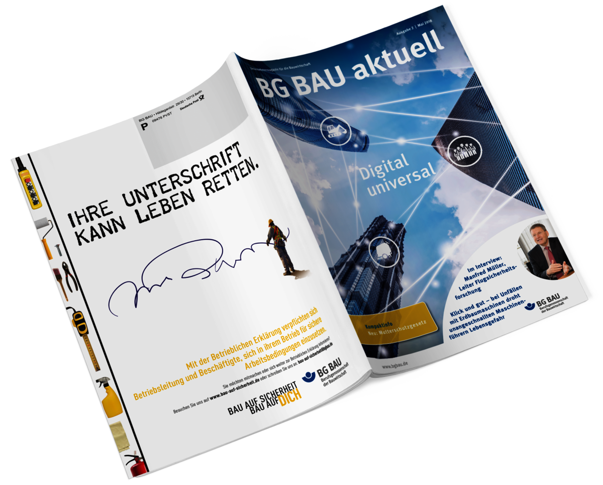 Das Unternehmermagazin BG BAU aktuell mit Titel und Rückseite zum Thema „Digitalisierung in der Bauwirtschaft“ und „Betriebliche Erklärung für sicheres Arbeiten im Betrieb“.