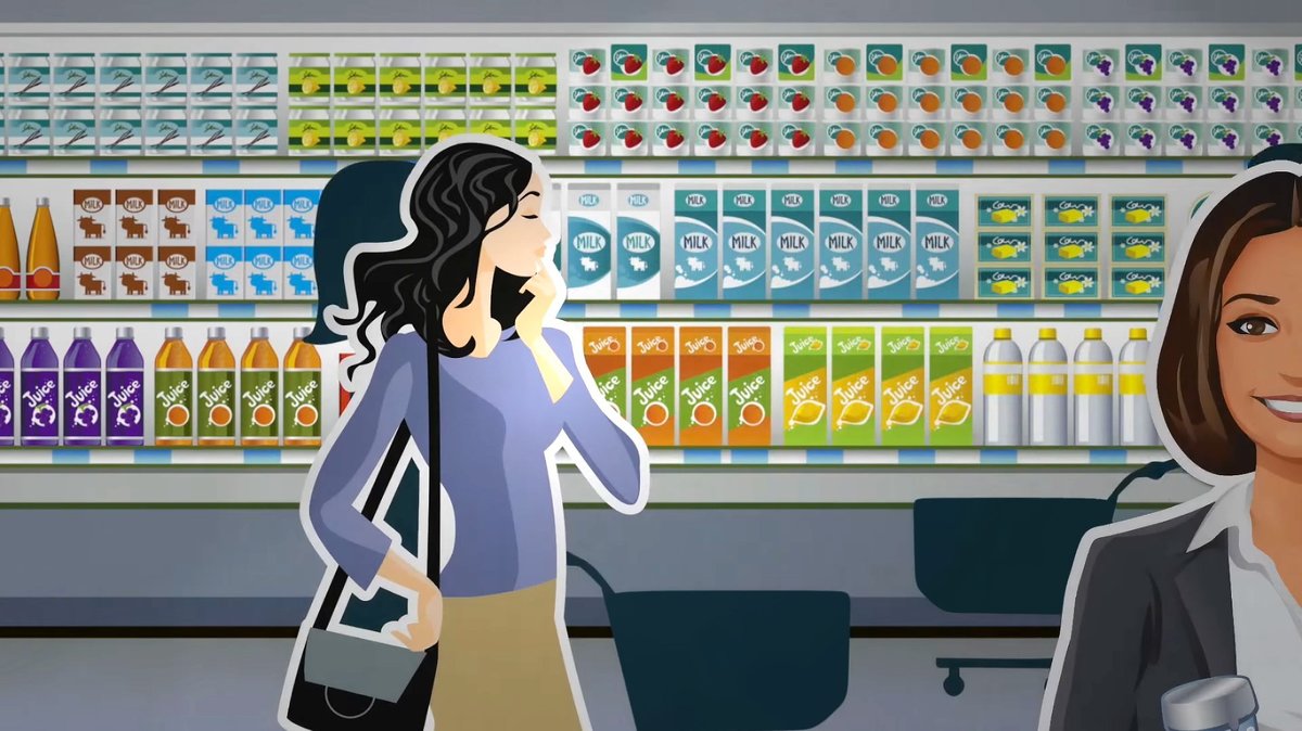 Illustration aus dem Erklärfilm „Heimspiel“ der Uplegger Food Company, die den Blick ins Kühlregal ermöglicht, vor dem Kundinnen mit Einkaufswagen zu sehen sind.
