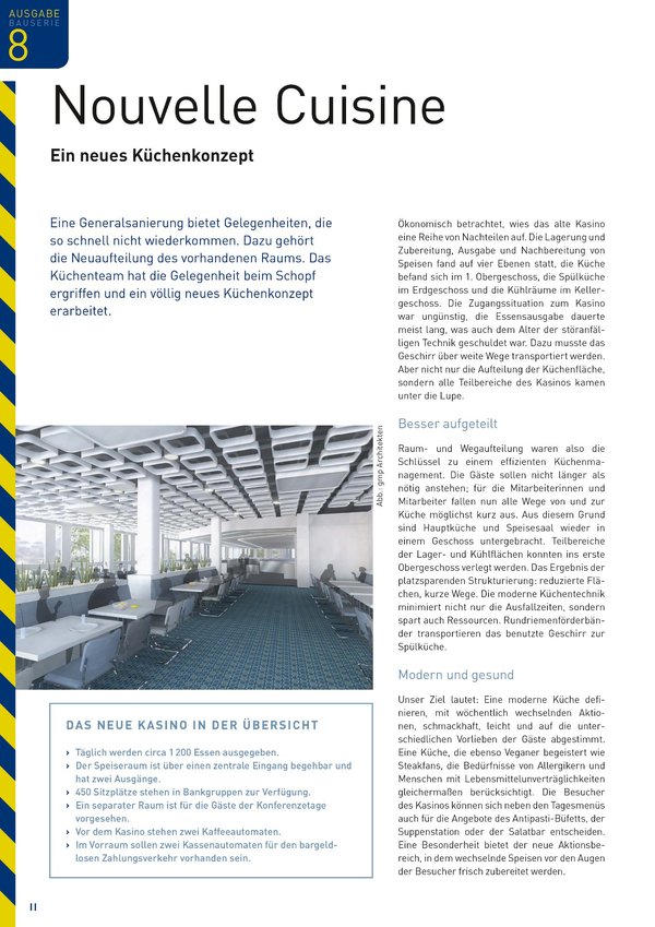 Artikel aus der Mitarbeiterzeitschrift „Bauserie“ der Deutschen Rentenversicherung Bund zum Thema „Neues Küchenkonzept mit modernem Kasino“.
