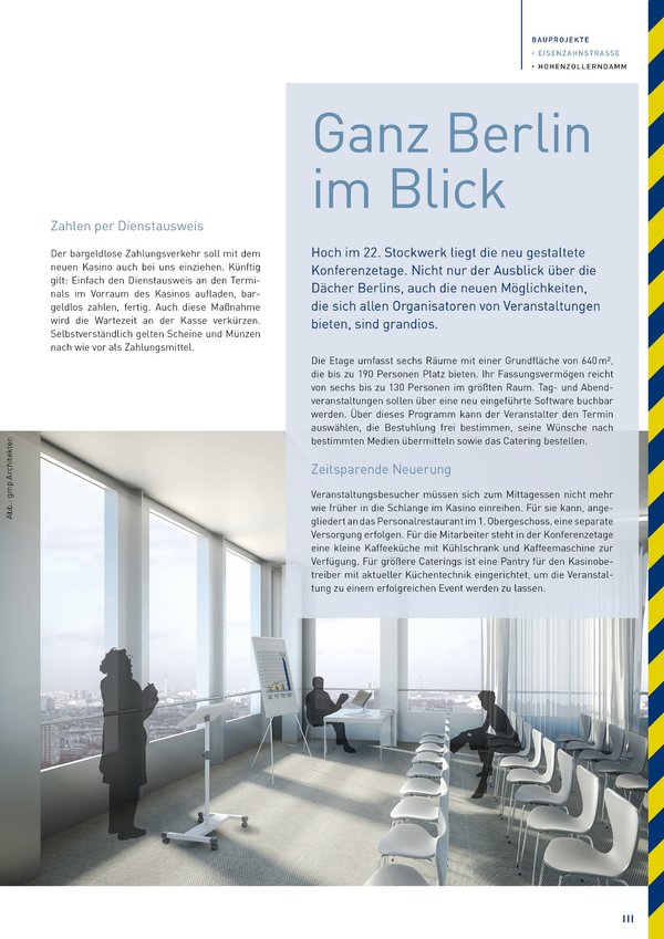 Artikel aus der Mitarbeiterzeitschrift „Bauserie“ der Deutschen Rentenversicherung Bund zum Thema „Konferenzetage für Tag- und Abendveranstaltungen“.