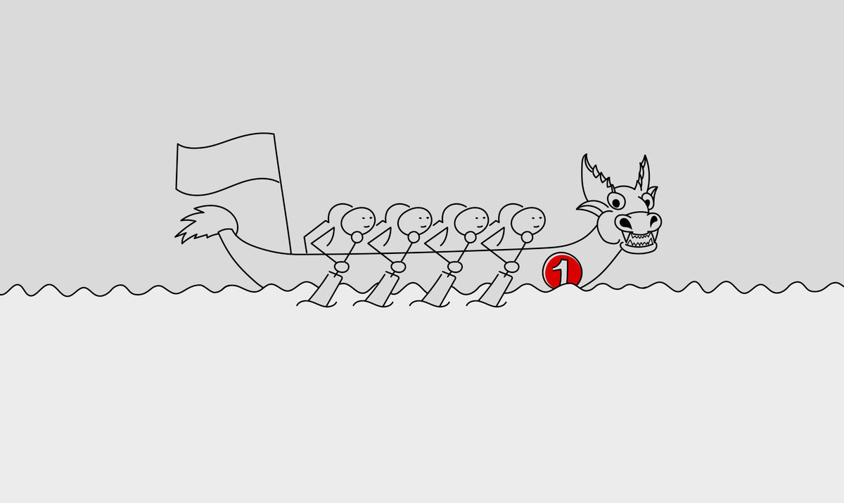 Schwarz-weiß-Illustration eines Drachenbootes in voller Fahrt mit acht motivierten Paddlern an Bord. Das Boot trägt die rote Startnummer 1 und der Drachenkopf schaut den Betrachter herausfordernd an.