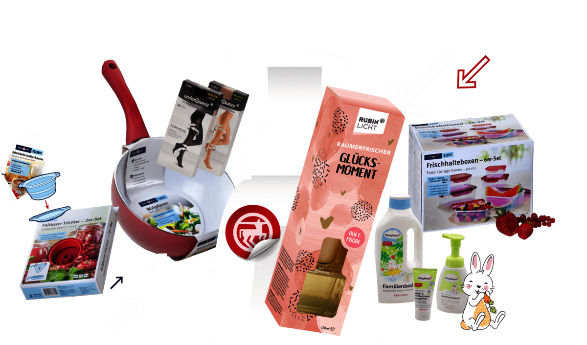 Bildcollage zur Referenz Dirk Rossman GmbH Die Bildcollage in Blau-Weiß-Rot für die Referenz der Dirk Rossmann GmbH zeigt Produktverpackungen unterschiedlicher Eigenmarken in verschiedenen Corporate Designs.