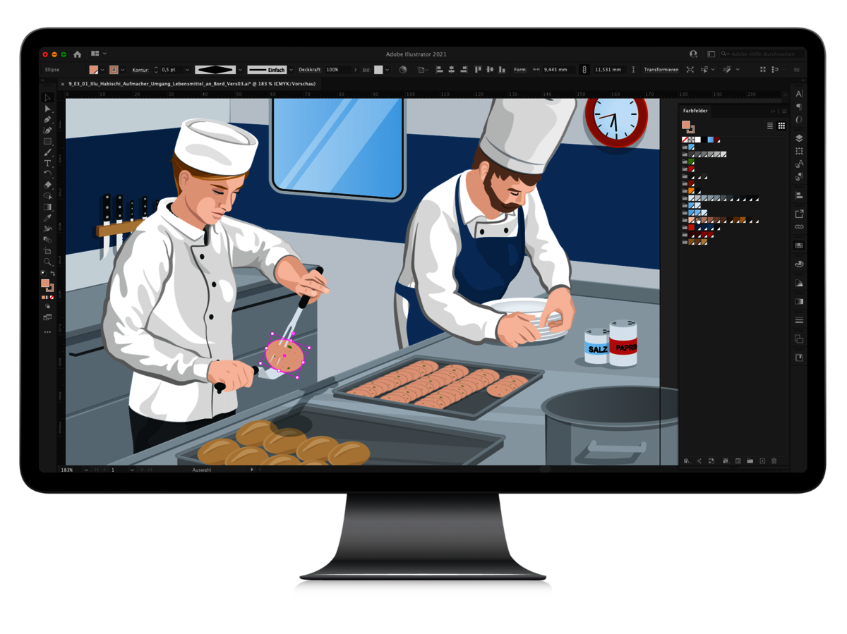 Auf dem Bildschirm eines Computers ist eine Illustration zu sehen, die gerade bearbeitet wird. Sie zeigt einen Koch und eine Köchin, die in der Schiffsküche gerade Brötchen belegen. Am Computer wird eine aufgespießte Mortadellascheibe bearbeitet.