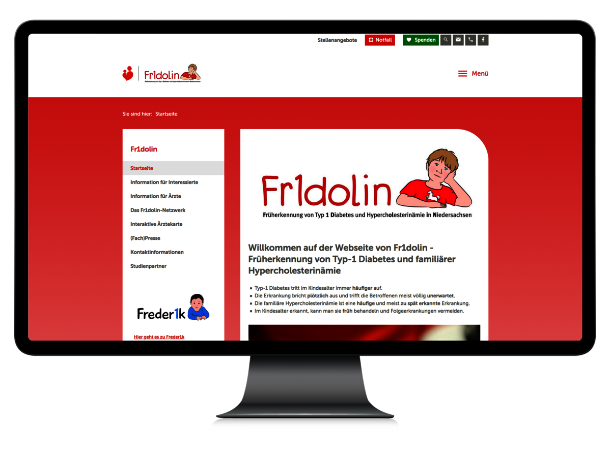 Das Bild zeigt einen Computer-Bildschirm mit Infos zur Studie „Fr1dolin“, der Früherkennung von Typ 1 Diabetes und Hypercholesterinämie bei Kindern in Niedersachsen.