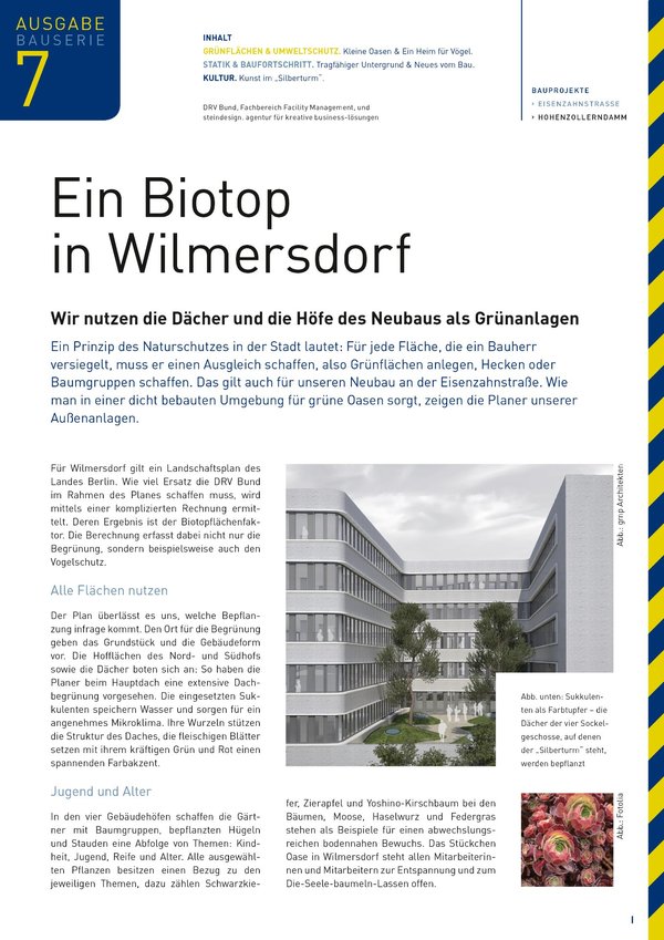 Artikel aus der Mitarbeiterzeitschrift „Bauserie“ der Deutschen Rentenversicherung Bund zum Thema „Dächer und Höfe als grüne Biotope der zukünftigen Gebäude“.