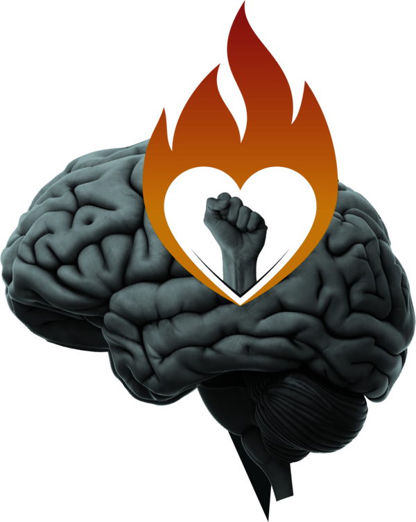 Kreative Bildmontage mit einem Gehirn, das mittig ein illustriertes flammendes Herz hat, in dem sich eine geballte Faust nach oben reckt.