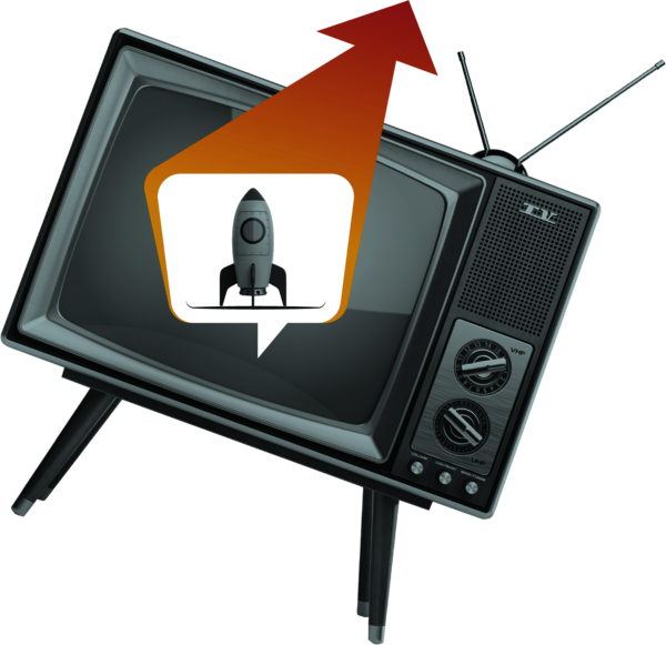 Kreative Bildmontage mit einem schief stehenden alten Fernseher, in dem mittig eine Rakete startet und ein illustrierter Pfeil seinen Weg nach oben weist.
